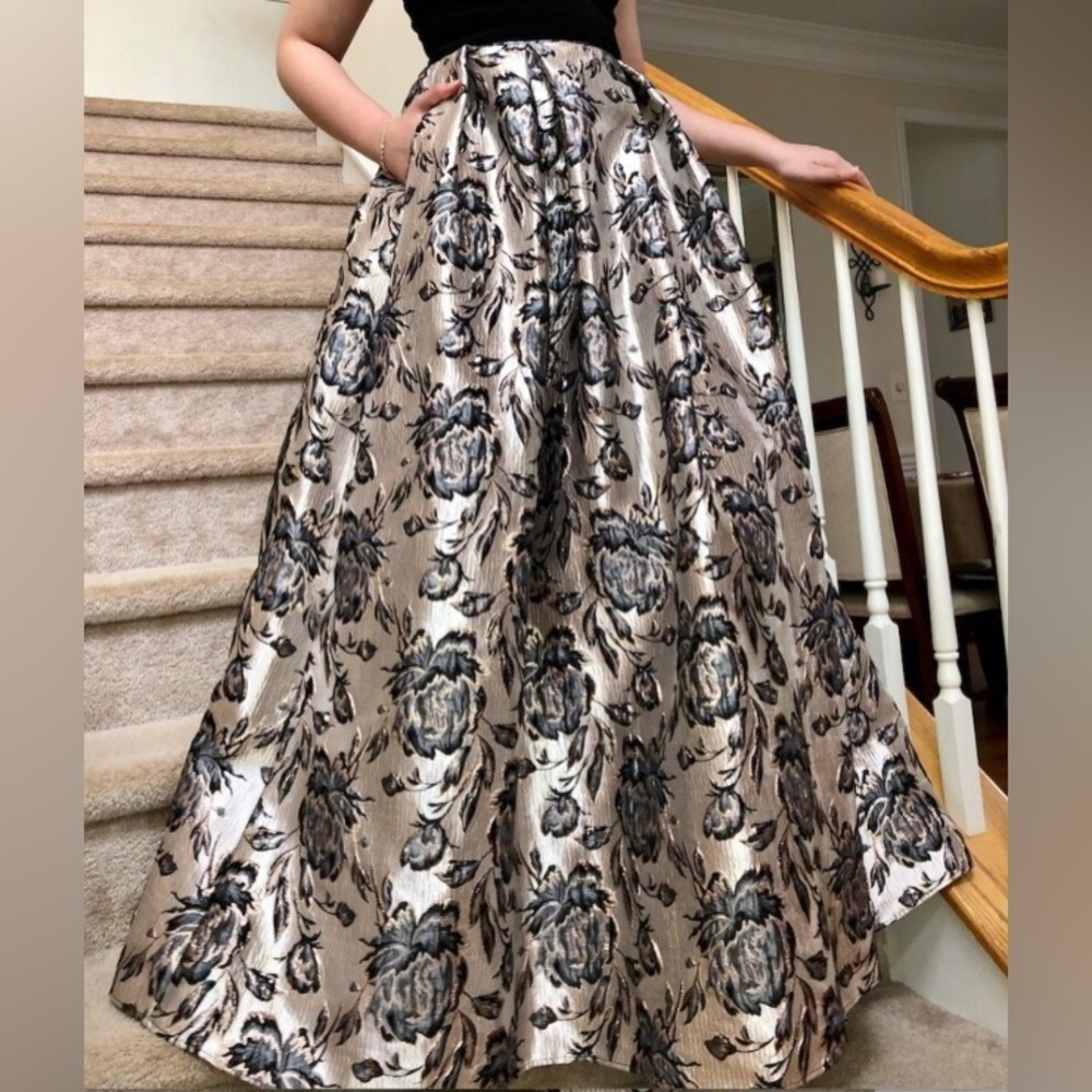 Floral Brocade Ballgown with Mesh Cutout